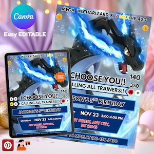 May include: Digital invitation featuring a black and blue dragon with blue flames. The text reads "I Choose You!!" and "Calling All Trainers!!" with birthday party details. The design includes the Canva logo and the words "Easy EDITABLE".