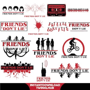 May include: A collection of red and black graphic designs with the phrase "FRIENDS DON'T LIE." The designs include silhouettes of characters, a cassette tape, a walkie-talkie, and bicycles. The text "INSTANTDOWNLOAD TWINKLHUB" is at the bottom.