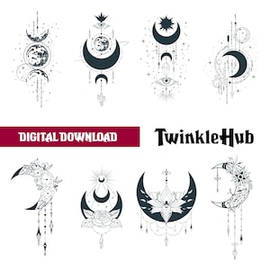 47 Mystic clipart collection 40+ items, black color magic cliparts, zodiac,moon,sun,witch hands,crystals,pattern,format elements SVG. PNG.