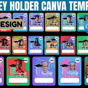 Könnte beinhalten: Eine Sammlung von Canva-Vorlagen für Geldhalter zum Thema Abschluss. Jedes Design zeigt einen Absolventen in Robe und Hut, das Jahr 2026 und den Namen "Anderson". Die Vorlagen sind farbenfroh mit Blitzakzenten und dem Text "Herzlichen Glückwunsch".