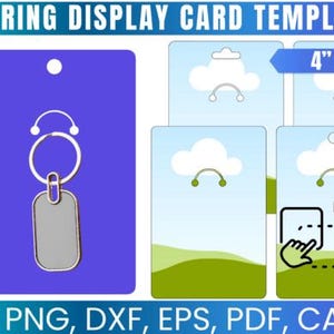 May include: A blue keyring display card template with a silver keyring and a gray tag. The template includes a 4" x 6" size and the text "DRAG & DROP". The design is editable in Canva and available in SVG, PNG, DXF, EPS, and PDF formats.