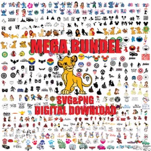 May include: A collection of various cartoon character SVG and PNG digital downloads. The image features characters from Disney, Marvel, and other popular franchises. Text in the image reads "MEGA BUNDEL" and "DIGITAL DOWNLOAD".