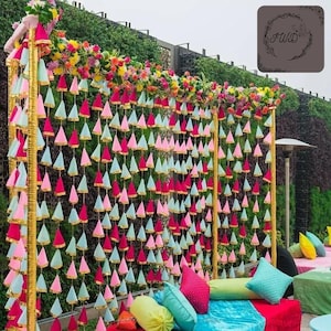 Colorful Fabric Tassel Garland with Gota Flower – Indian Party Decor, 5ft