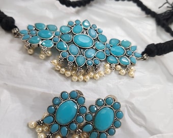 Turquoise Blue Oxidized Silver Indian Jewelry set: Silver Long Necklace & Earrings with Pearl accents