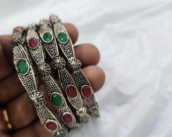 Oxidized Silver Bangle Set | Tribal Elephant Kada Bracelets, Ethnic Statement Jewelry