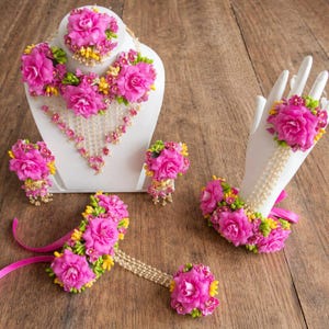 Juego de 6 joyas artificiales florales rosas hechas a mano para haldi, mehendi, mayoon, regalo para su boda.
