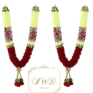 Pack Of 2 Red Artificial Mogra Garland Puja Mala Handmade Rose Flowers Garlands Home Decoration Wedding Decor Wall Hanging Indian