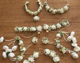 Handmade White Floral Jewelry Set, Haldi Mehndi Wedding Gift