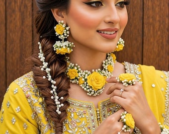 6 st handgjorda gula blommiga smyckesset, Haldi Mehndi bröllopspresent