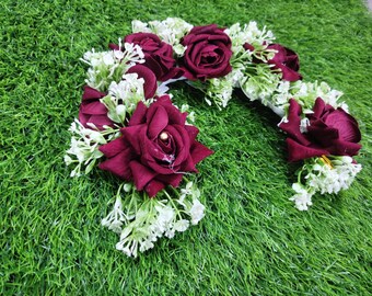 Set di 3 accessori per capelli da sposa Gajra floreali con rose rosse, bianche e bordeaux