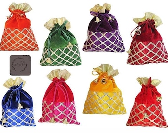 May include: Assortment of colorful velvet drawstring bags. Each bag features a contrasting gold-colored top and a diamond-patterned lower section. Colors include red, orange, green, purple, blue, pink, and yellow. Ideal for small gifts or party favors.