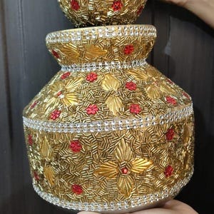 Indian Wedding Accessories Golden beads decorated Ghadoli Matka Kalash For Wedding/Puja decoration decorated handmade Ghadholi