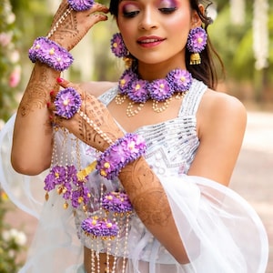 Handmade Purple Floral Jewelry Set for Wedding Functions, Mehendi, Haldi Rituals