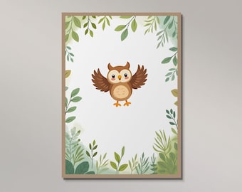Owl poster for children – Educational poster animal illustration – Forest animal decoration for the children's room – Digital download PDF – Educational poster nature & animals
