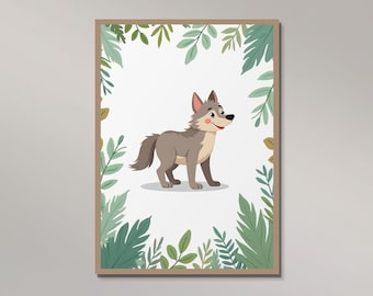 Wolf poster for children – educational poster animal illustration – decoration for the children's room – digital download PDF print template – forest animal educational poster