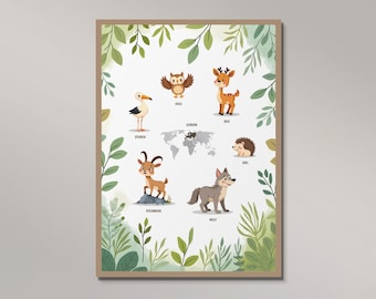 Animals of Europe poster for children – Learning poster map of Europe – Digital download PDF print template – Learning card animals & countries up to DIN-A1