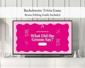 May include: A flat-screen TV displays a pink and white bachelorette trivia game. The game's title is "What Did the Groom Say?" with the text "Emma's Bachelorette" above it. The words "Bachelorette Trivia Game" and "Bonus Editing Guide Included" are at the top.