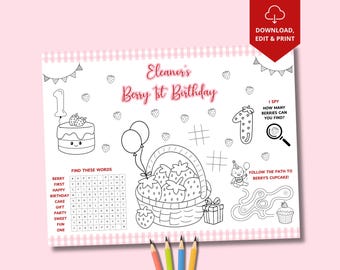 Editable Berry First Birthday Placemat, Coloring Page Party Favor (Digital Download)