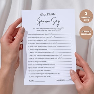 Was hat der Bräutigam gesagt, Spaß Brautparty Spiel, Brautparty Trivia, Bräutigam Trivia, Junggesellenparty Spiel, druckbares Spiel, Hochzeit Duschspiel