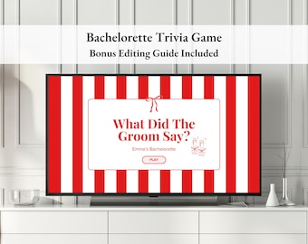 May include: A flat-screen TV displays a bachelorette trivia game with a red and white striped background. The game title is "What Did The Groom Say?" with a "Play" button. The text "Bachelorette Trivia Game Bonus Editing Guide Included" is at the top.