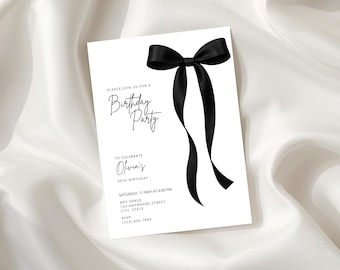 Black Bow Birthday Invitation Template, Editable Party Invite, Printable Digital Download