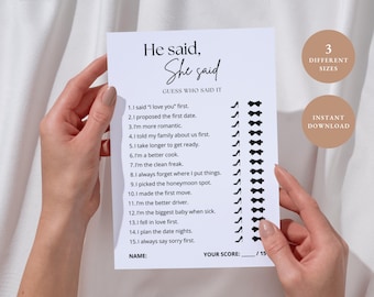 Puede incluir: Una tarjeta de juego blanca con el texto "He said, She said" y "Guess Who Said It". La tarjeta presenta una lista de afirmaciones con iconos de zapatos y pajaritas para marcar las respuestas. Incluye "3 Different Sizes" y "Instant Download".