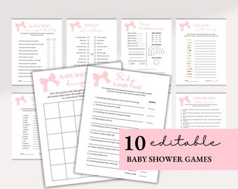 Paquete de juegos para baby shower con lazo rosa, juegos imprimibles