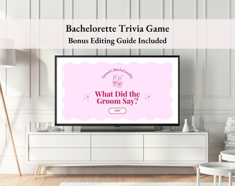 May include: A flat-screen TV displays a pink-themed bachelorette trivia game. The game's title, "What Did the Groom Say?" is in white text. The screen also shows the text "Bachelorette Trivia Game Bonus Editing Guide Included."