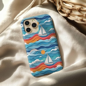 Segelboot 3D iPhone Hülle - Bunte Meereswellen Papierschnitt Stil, Sommer Handyhülle, Geschenk Meer