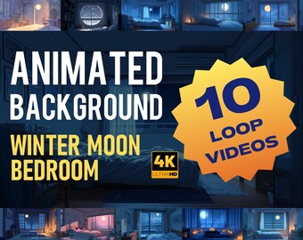 Geanimeerde slaapkamer wintermaan 4K | Knusse nachtkamer: loopvideo | Kalme maanlichtachtergrond