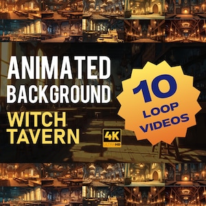 May include: Animated background loop videos featuring a witch tavern interior. The image displays multiple scenes of a dimly lit tavern with wooden tables, warm lighting, and the text "Animated Background Witch Tavern" and "10 Loop Videos".
