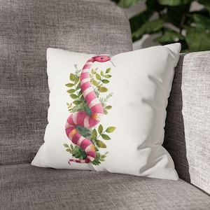 Pink Snake Throw Pillow - Cute Striped Snake Cushion with Leaves, Whimsical Animal Decor for Nature Lovers