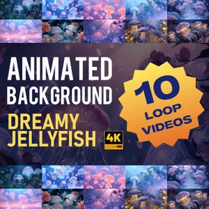 Puede incluir: Un fondo animado con medusas de ensueño en una variedad de colores. La imagen incluye el texto "Animated Background Dreamy Jellyfish 4K Ultra HD" y una estrella amarilla con el texto "10 Loop Videos".