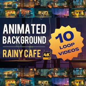 May include: A digital art image featuring animated backgrounds of rainy cafes. The image includes the text "ANIMATED BACKGROUND RAINY CAFE 4K ULTRA HD" and a yellow starburst graphic with the text "10 LOOP VIDEOS". The image is a collage of different cafe scenes.
