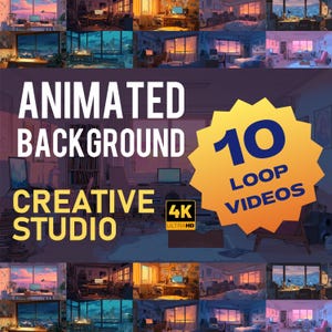 May include: An image showcasing 10 animated loop videos. The text on the image reads "Animated Background Creative Studio 4K Ultra HD". The videos display creative studio scenes with sunset views.