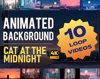 Może przedstawiać: Animowane tło z kotem o północy. Obraz zawiera tekst "Animated Background" i "Cat at the Midnight" z "10 Loop Videos" i "4K Ultra HD". Obraz ma ciemnoniebieskie tło z różnymi ilustracjami kotów.