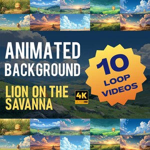 Puede incluir: Un collage de fondos animados de sabana con un león de dibujos animados. El texto dice "Animated Background" y "Lion on the Savanna". Un gráfico de explosión estelar amarilla muestra "10 Loop Videos" y "4K Ultra HD".