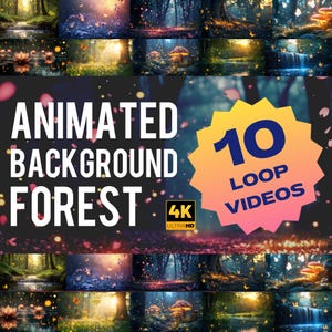 Puede incluir: Imagen que presenta vídeos de fondo de bosque animados. El texto de la imagen dice "ANIMATED BACKGROUND FOREST" y "10 LOOP VIDEOS" con un logotipo "4K ULTRAHD". La imagen muestra varias escenas de bosque.
