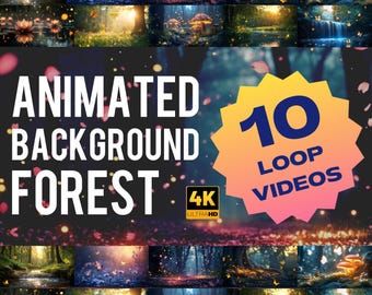 Puede incluir: Imagen que presenta vídeos de fondo de bosque animados. El texto de la imagen dice "ANIMATED BACKGROUND FOREST" y "10 LOOP VIDEOS" con un logotipo "4K ULTRAHD". La imagen muestra varias escenas de bosque.