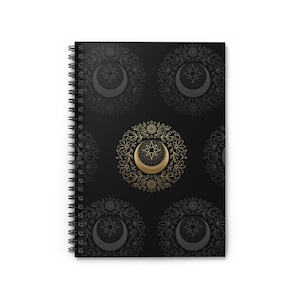 Mystic Gold Moon Notebook - Gothic Black Celestial Journal with Floral Crescent & Star Design