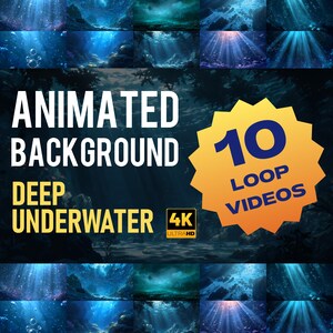 Peut inclure: Image promotionnelle pour des arrière-plans animés sous-marins profonds. Le texte indique "Animated Background Deep Underwater" avec "4K Ultra HD" et un badge "10 Loop Videos". L'image présente plusieurs scènes sous-marines avec des rayons de lumière.
