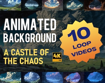Może przedstawiać: Obraz z animowanymi tłami z tekstem "Animated Background" i "A Castle of the Chaos". Żółta gwiazda wyświetla "10 Loop Videos" i "4K Ultra HD". Tła przedstawiają różne krajobrazy.