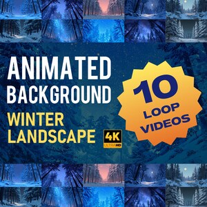 Puede incluir: Imagen de arte digital que presenta un paisaje invernal con árboles cubiertos de nieve y un cielo estrellado. Se muestra el texto "ANIMATED BACKGROUND WINTER LANDSCAPE", junto con "10 LOOP VIDEOS" y "4K ULTRAHD".