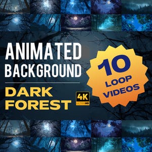 Może przedstawiać: Obraz z animowanymi tłami ciemnego lasu. Tekst "ANIMATED BACKGROUND" i "DARK FOREST" są wyświetlane odpowiednio w kolorze białym i żółtym. Żółty kształt gwiazdy wskazuje "10 LOOP VIDEOS" i "4K ULTRAHD".