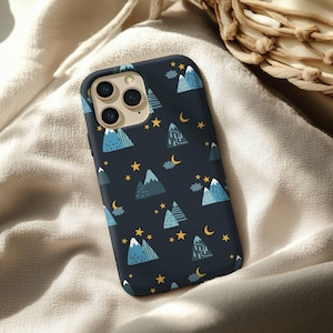 Cute Mountain iPhone Case - Night Sky Cartoon Landscape Phone Cover, Whimsical iPhone Case with Stars and Moon for Nature Lovers