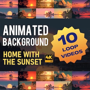 Op de afbeelding: Een digitale kunstcompilatie met tien geanimeerde loopvideo's. Het thema is een huis met een zonsondergang, met een grote maan en een huis op het water. De tekst op de afbeelding luidt "Animated Background Home With The Sunset 4K Ultra HD".