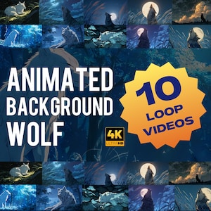 Può includere: Immagine con video loop di lupi animati in 4K Ultra HD. Il testo "ANIMATED BACKGROUND WOLF" è ben visibile. Un grafico a stella giallo indica "10 LOOP VIDEOS". L'immagine mostra varie scene di lupi che ululano alla luna.