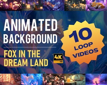 Può includere: Sfondo animato intitolato "Fox in the Dream Land" con 10 video in loop in 4K Ultra HD. L'immagine presenta illustrazioni di volpi in ambientazioni oniriche con luci brillanti e colori vivaci.