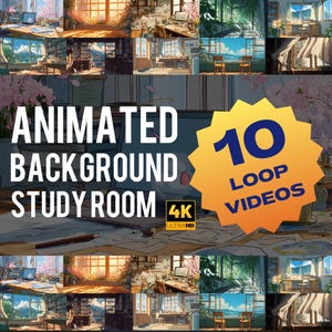 Puede incluir: Imagen promocional de vídeos de fondo de sala de estudio animados. El texto dice "ANIMATED BACKGROUND STUDY ROOM", "10 LOOP VIDEOS" y "4K ULTRAHD". La imagen presenta varias escenas de salas de estudio.