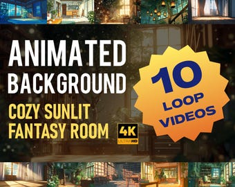 Könnte beinhalten: Eine Collage animierter Hintergrundbilder mit gemütlichen, sonnendurchfluteten Fantasy-Räumen. Der Text lautet "Animated Background, Cozy Sunlit Fantasy Room, 4K Ultra HD, 10 Loop Videos."